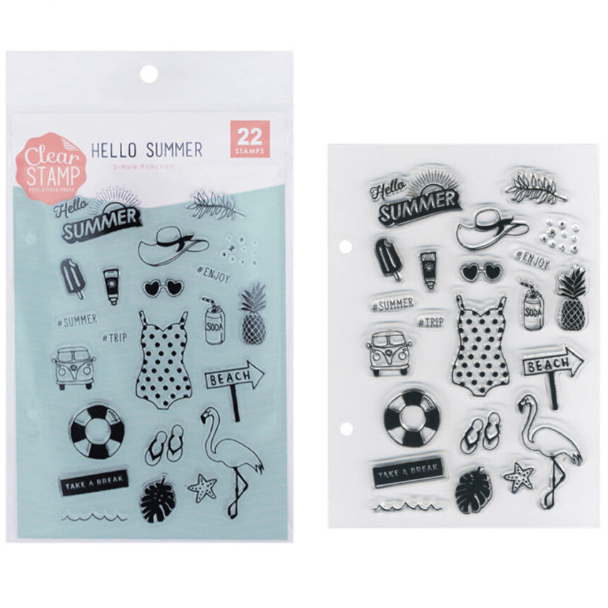 Kodomo No Kao Clear Stamp Sheet – Hello Summer with 22 designs including flamingos, pineapples, sun hats, retro swimsuits, and tropical accents.