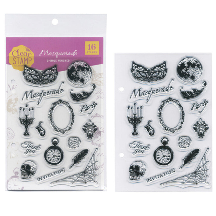 Kodomo No Kao Clear Stamp Sheet – Masquerade with 16 intricate designs featuring masks, chandeliers, ornate frames, and Gothic-inspired accents.