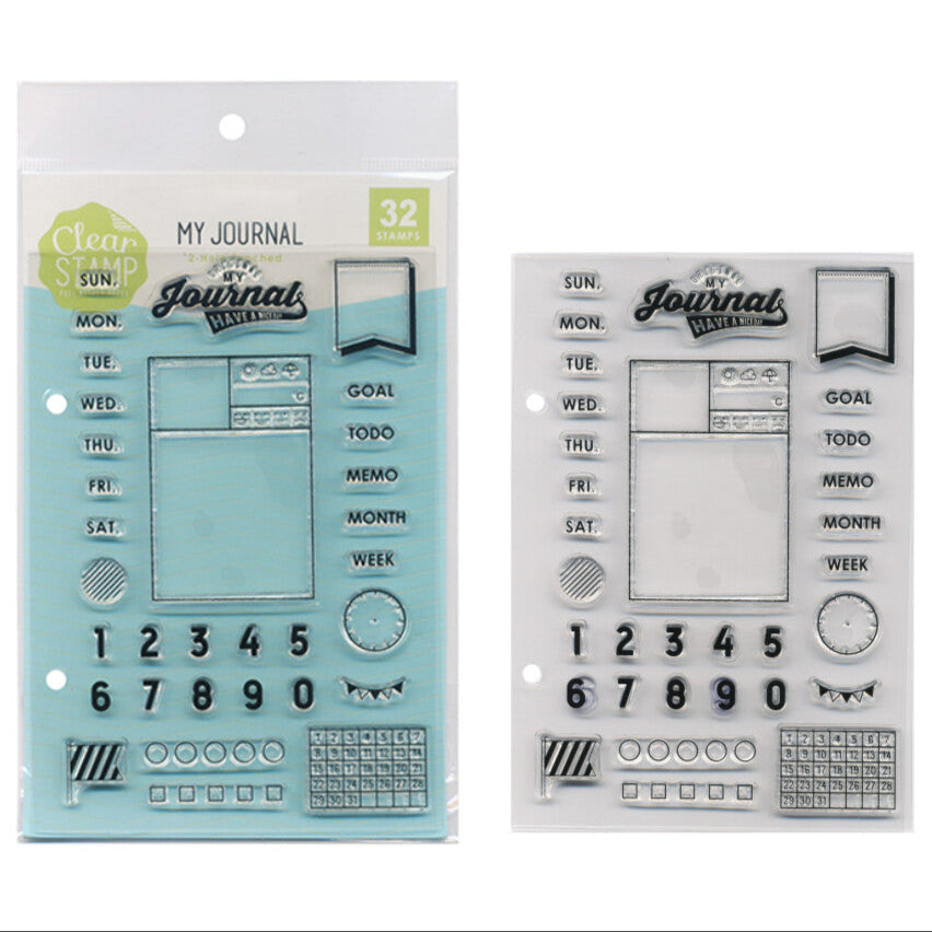 Kodomo No Kao Clear Stamp Sheet – My Journal with 32 designs featuring day headers, goal trackers, and decorative elements for personalised planners.