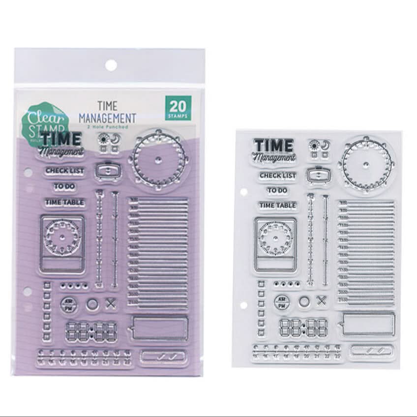Kodomo No Kao Clear Stamp Sheet – Time Management with 20 designs featuring clocks, checklists, and timetables for planning and journaling.
