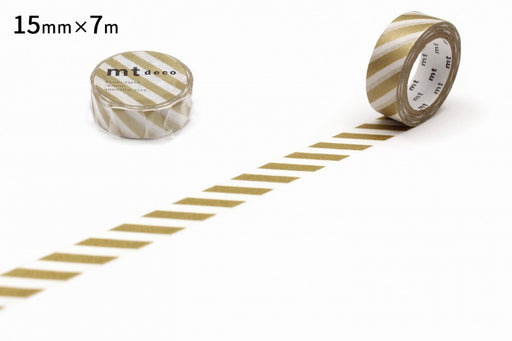 Two rolls of gold and white striped tape with 'mt deco' branding on a white background.