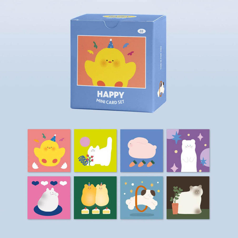 Iconic Happy Mini Card Set box and selection of animal-themed cards including cat, dog, and bunny.