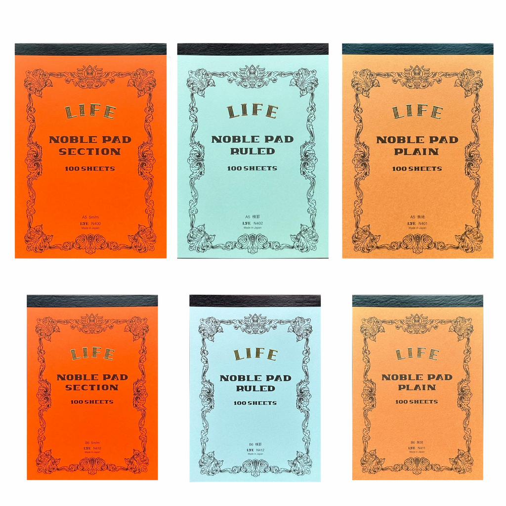 Life Noble Series A5 and B6 notepads with a plain grey cover and fabric tape binding, featuring 100 sheets of high-quality L Writing Paper Cream