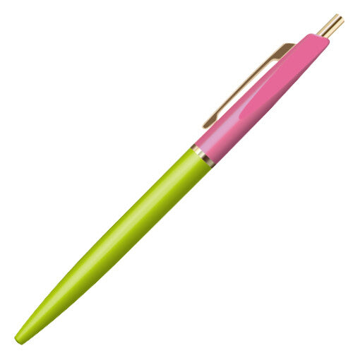 Anterique Oil-Based Bi-Colour Ballpoint Pen in lime green and rose pink with gold clip shown on a white background.