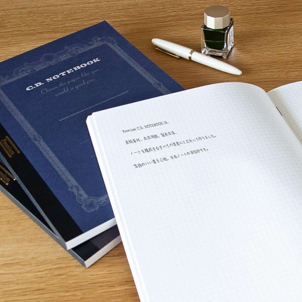 Apica Premium C.D Notebooks A4 Grid on a wooden desk with an open notebook and writing tools.