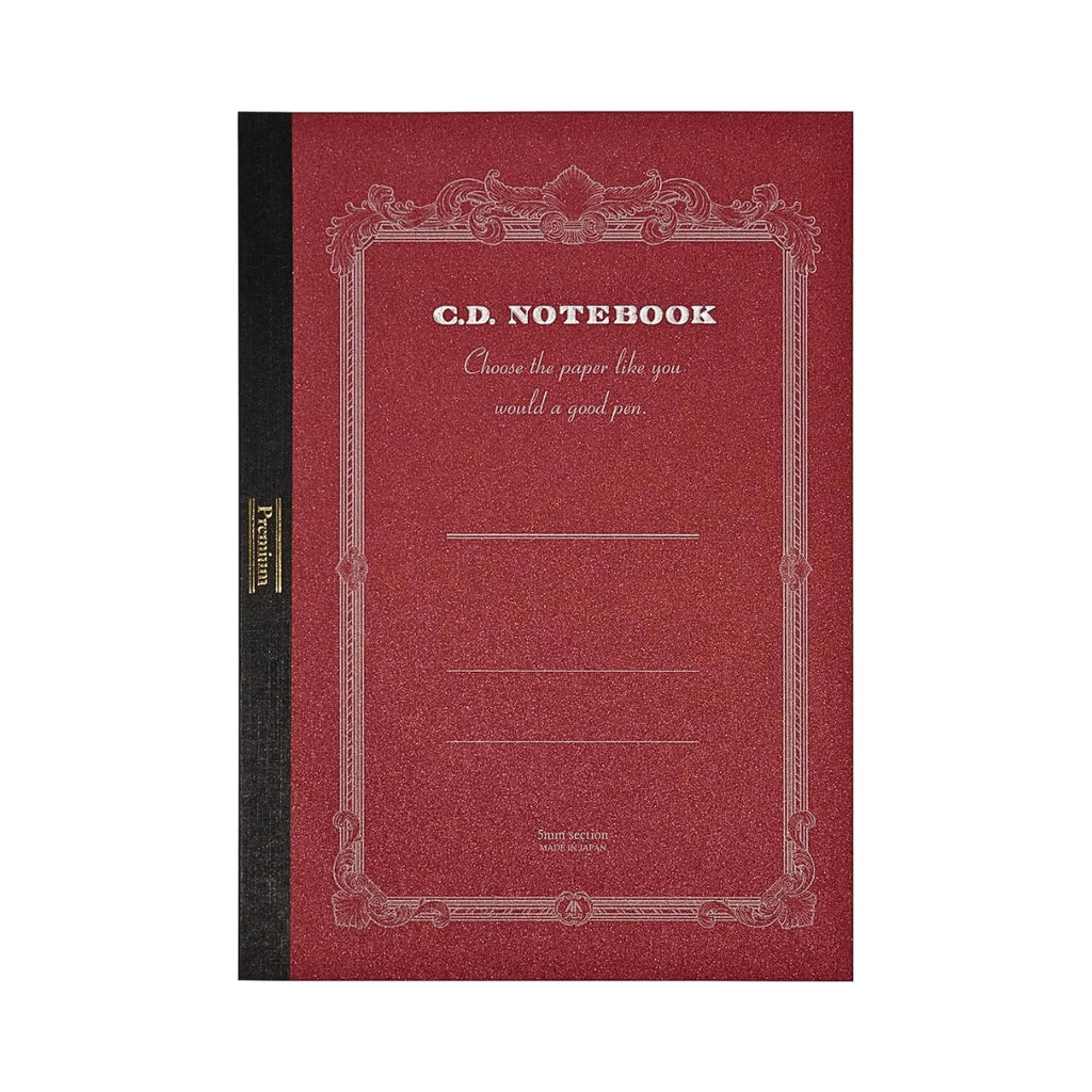 Front cover of the Apica Premium C.D Notebook A4 Grid with ornate red border design.