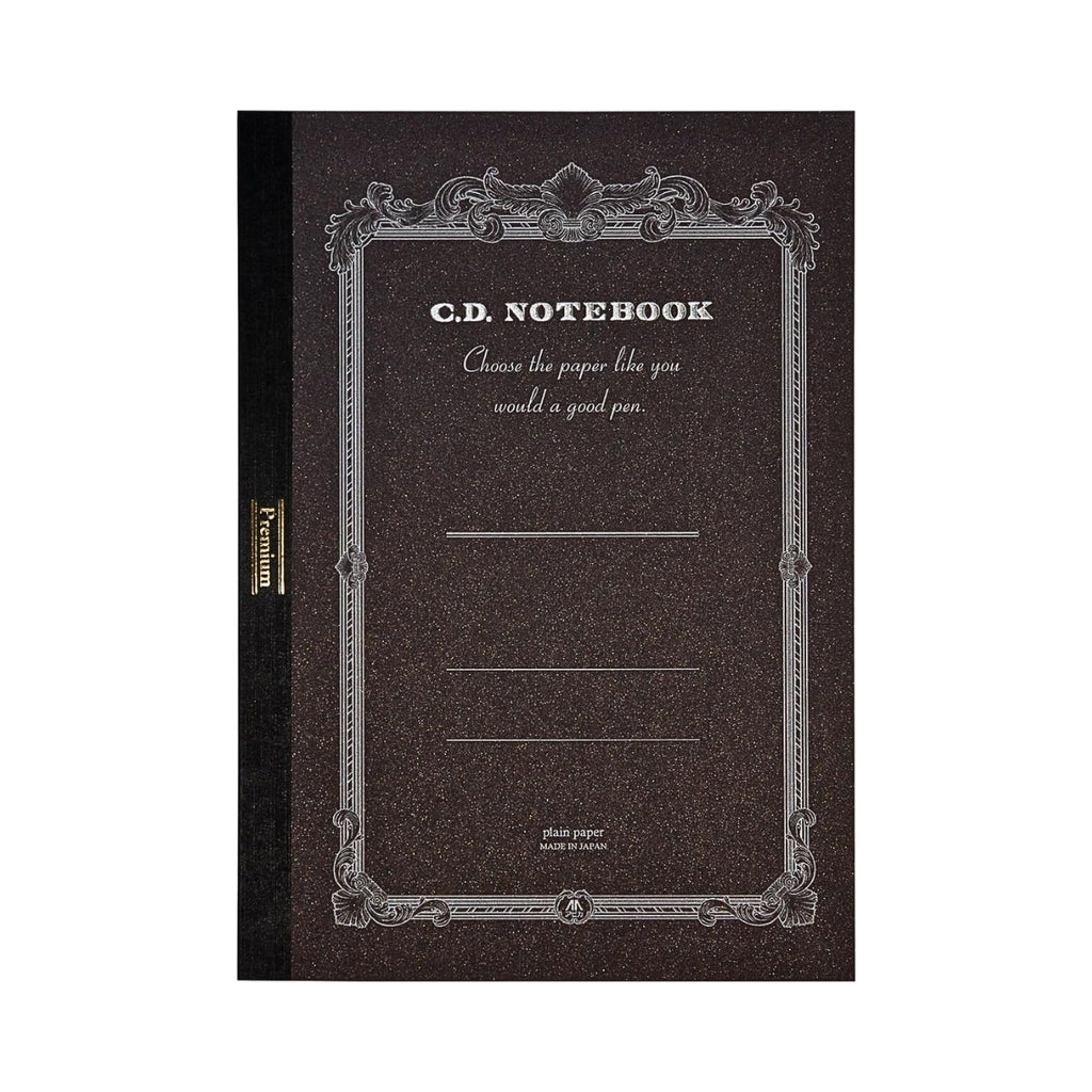 Front cover of the Apica Premium C.D Notebook A4 Plain with ornate brown border design.