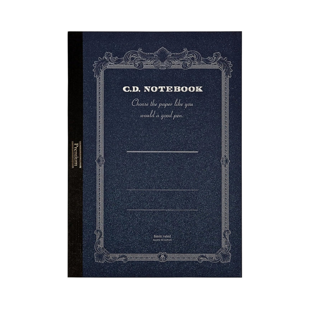 Front cover of the Apica Premium C.D Notebook A4 Ruled with ornate navy border design.