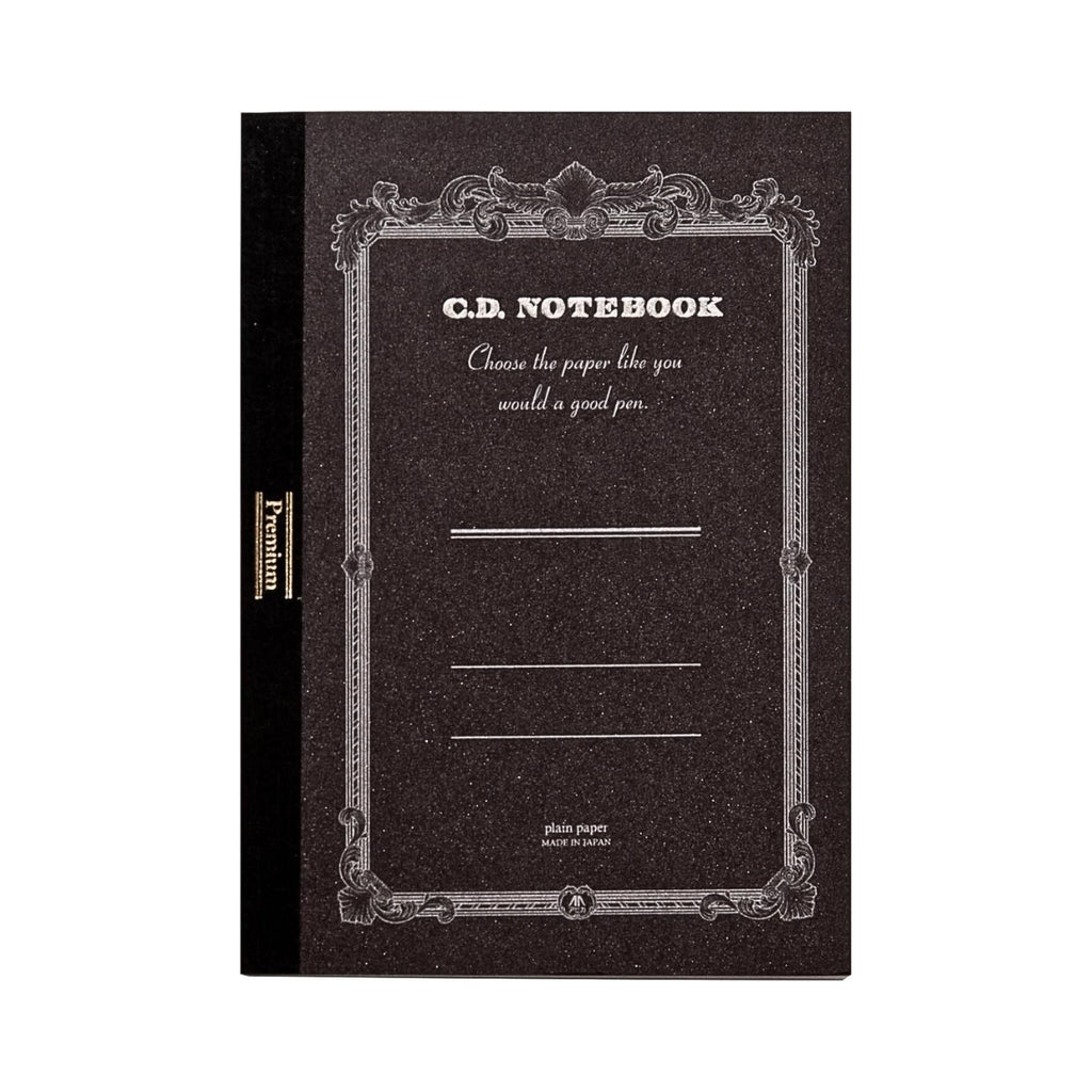 Front cover of the Apica Premium C.D Notebook A6 Plain with decorative border design.