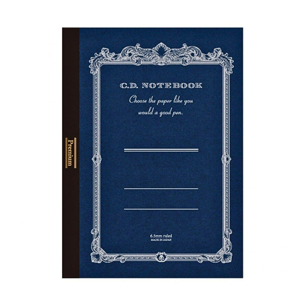 Front cover of the Apica Premium C.D Notebook A6 Ruled with ornate blue design.