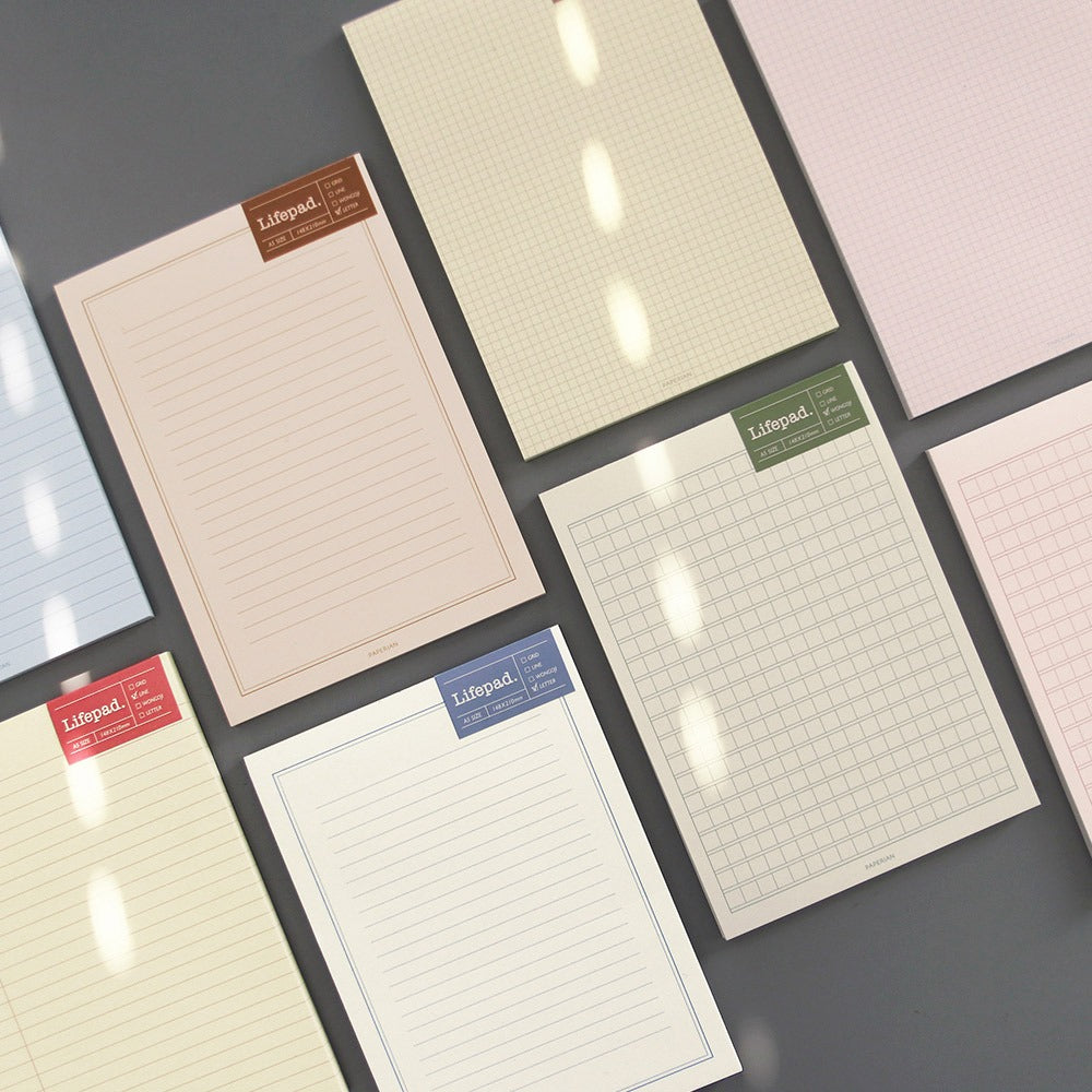 Paperian Lifepad A5 notepads in various styles and colours. Versatile notepad with four paper types: Grid, Line, Letter, Wongoji.