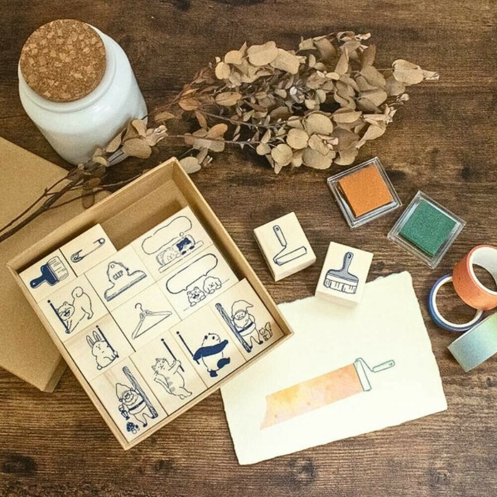 Boxed set of Beverly Masute No Aibo wooden stamps including the clip stamp alongside other designs.