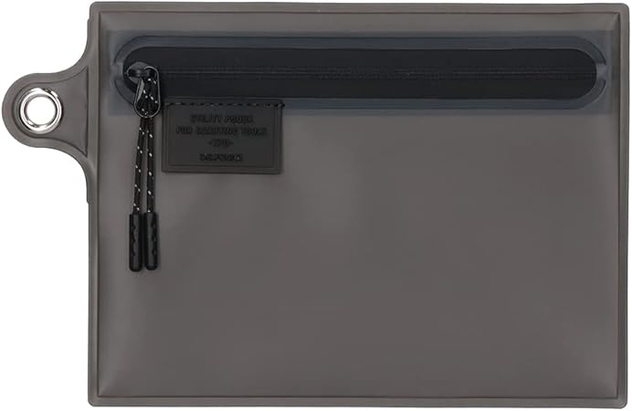 Black translucent utility pouch with a black zip and matching black pull cords, showcasing a subtle dark label with DELFONICS branding.