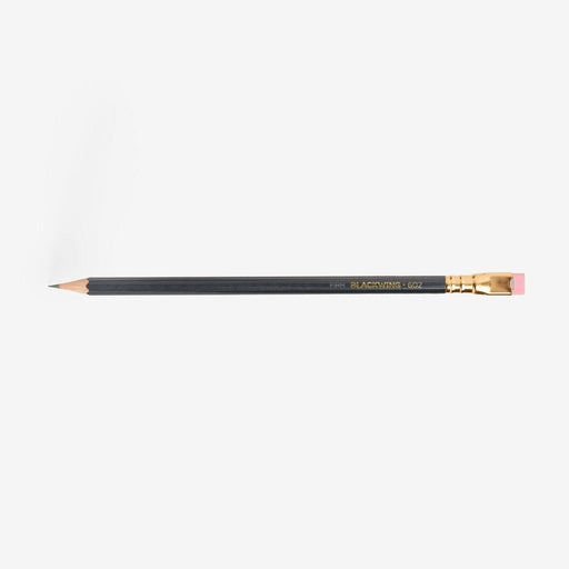 Single Blackwing 602 pencil shown horizontally with grey barrel, gold ferrule and pink eraser.