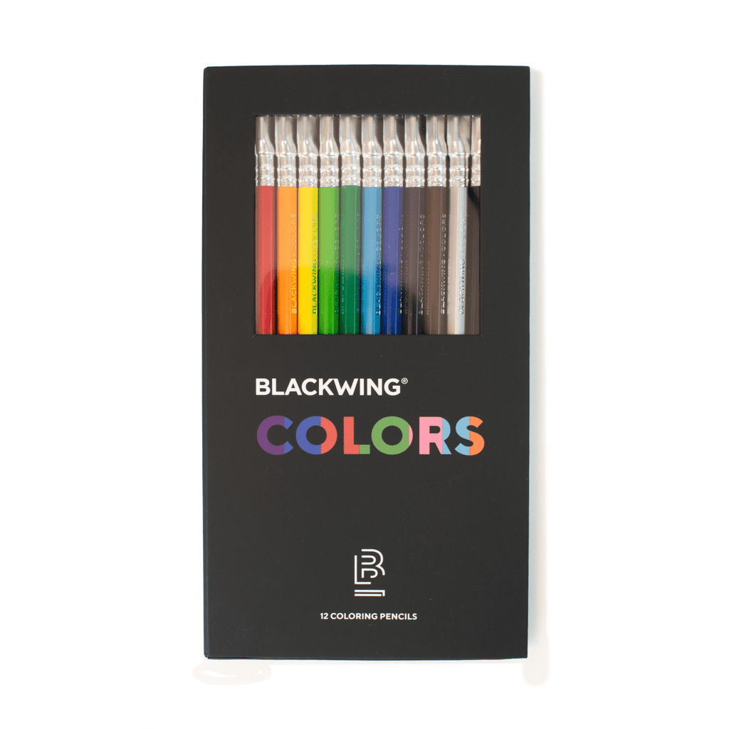 Front of the Blackwing Colors set showing twelve premium colouring pencils in a black presentation box.