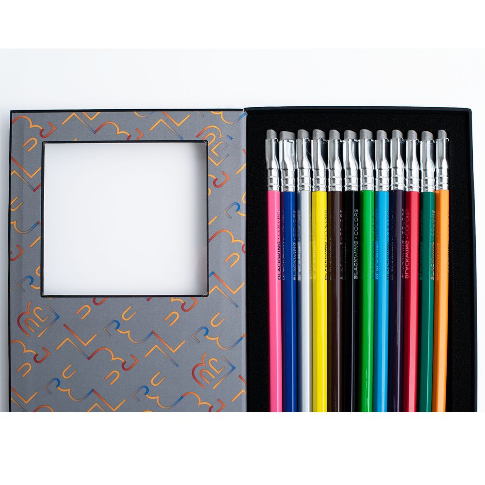 Open Blackwing Colors box showing twelve colouring pencils neatly arranged inside.