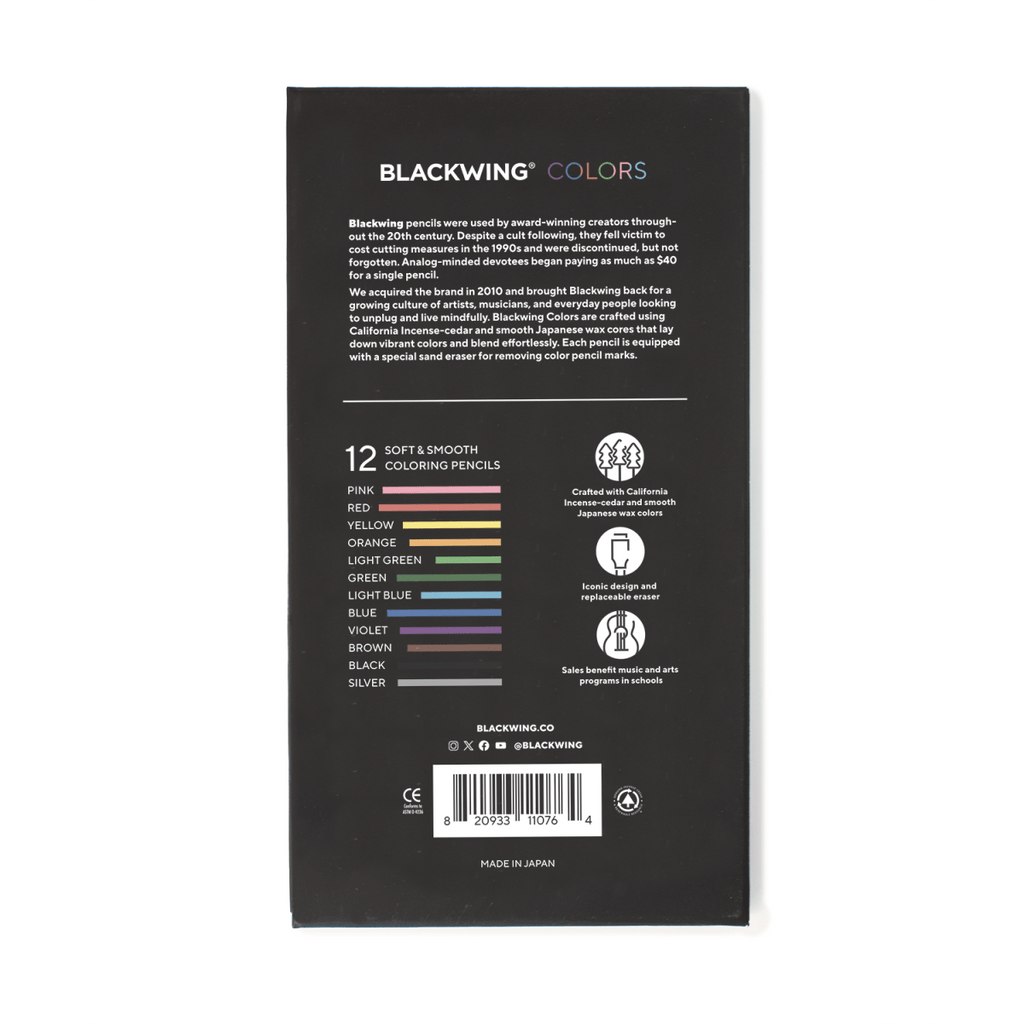 Back of the Blackwing Colors packaging showing product details and colour information.