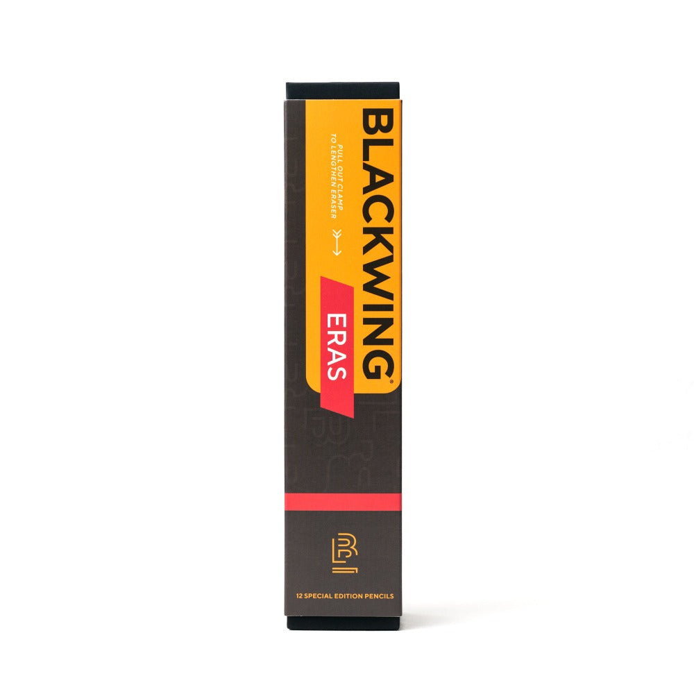 A set of vibrant yellow Blackwing Eras pencils with a dark grey ferrule, a gold band, and a bright red eraser, placed against a minimalist background.