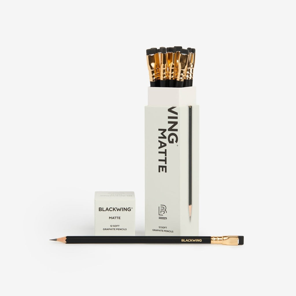 Set of twelve Blackwing Matte pencils displayed beside the branded box.