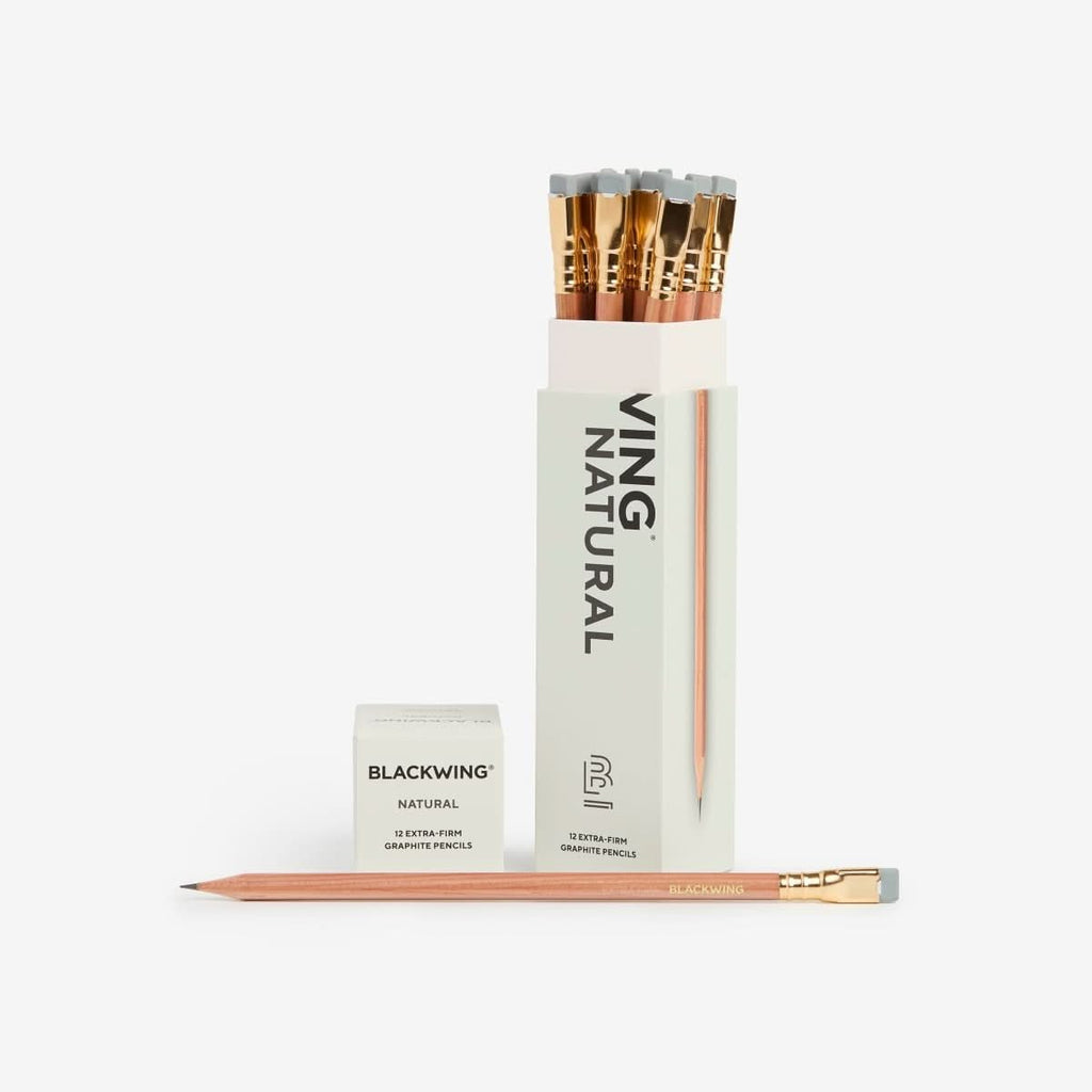 Set of twelve Blackwing Natural pencils displayed with their minimalist packaging.