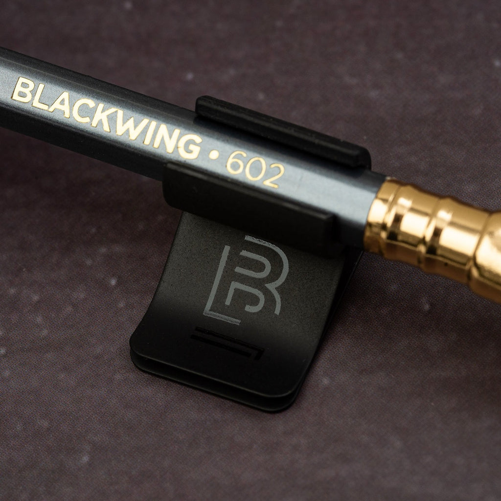 Detail of Blackwing 602 pencil in matte clip.