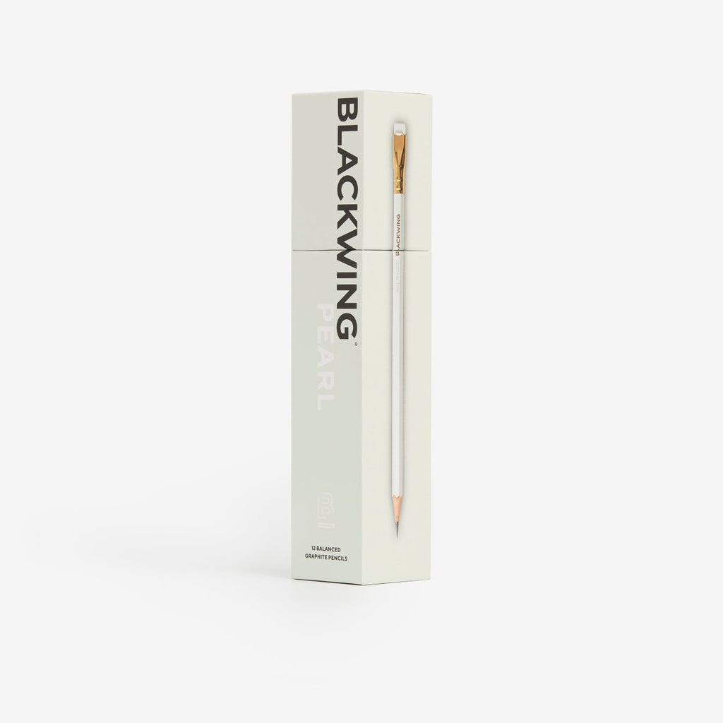Blackwing Pearl pencil box shown upright with clean minimal packaging design.