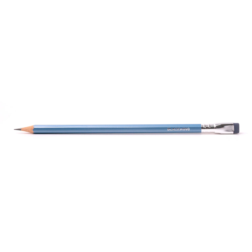 Single Blackwing Pearlescent pencil in blue shown horizontally with metallic sheen and silver ferrule.