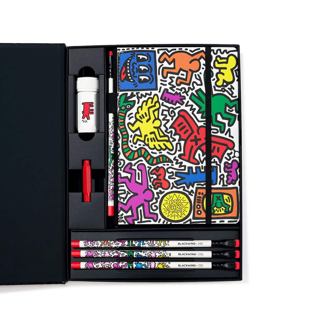 The Journal Shop - Blackwing Volume 292 Gift Set Keith Haring Tokyo Pop-Shop edition open box with pencils, notebook and eraser.