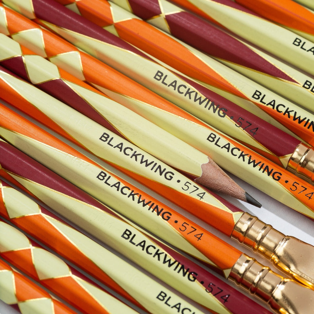 Close-up of Blackwing Volume 574 pencils with geometric Native American-inspired design.
