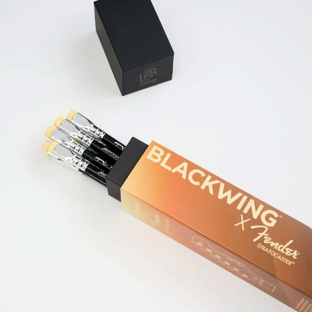 Box of Blackwing x Fender Limited Edition Pencils opened, showing multiple pencils neatly packed inside.
