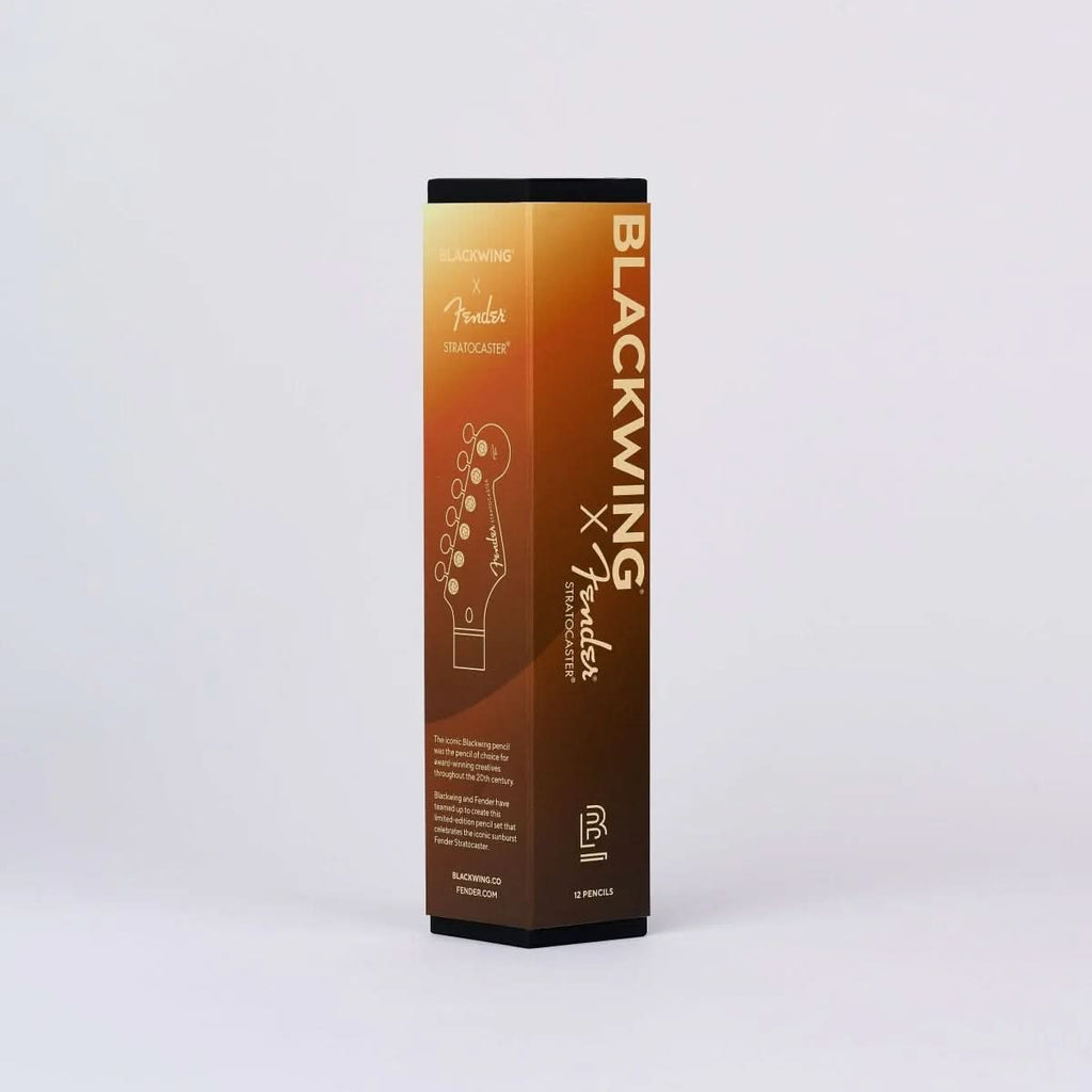 Side view of the Blackwing x Fender Limited Edition Pencil box featuring a Fender Stratocaster headstock illustration and product description.