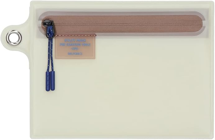 Cream translucent utility pouch with a brown zip and blue pull cords, featuring a tan label with blue text branding it as a DELFONICS utility pouch.