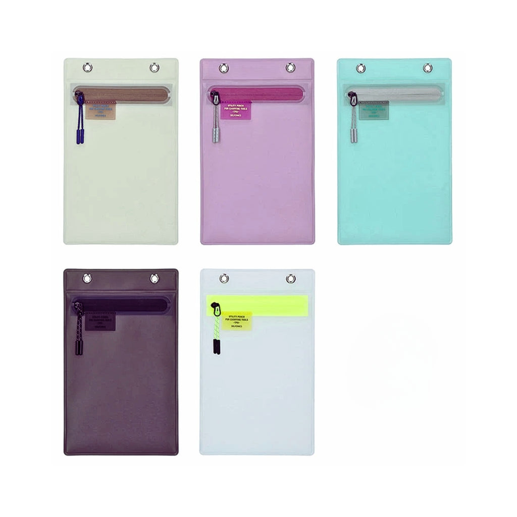 Assorted utility pouches in multiple colours displayed in two rows.