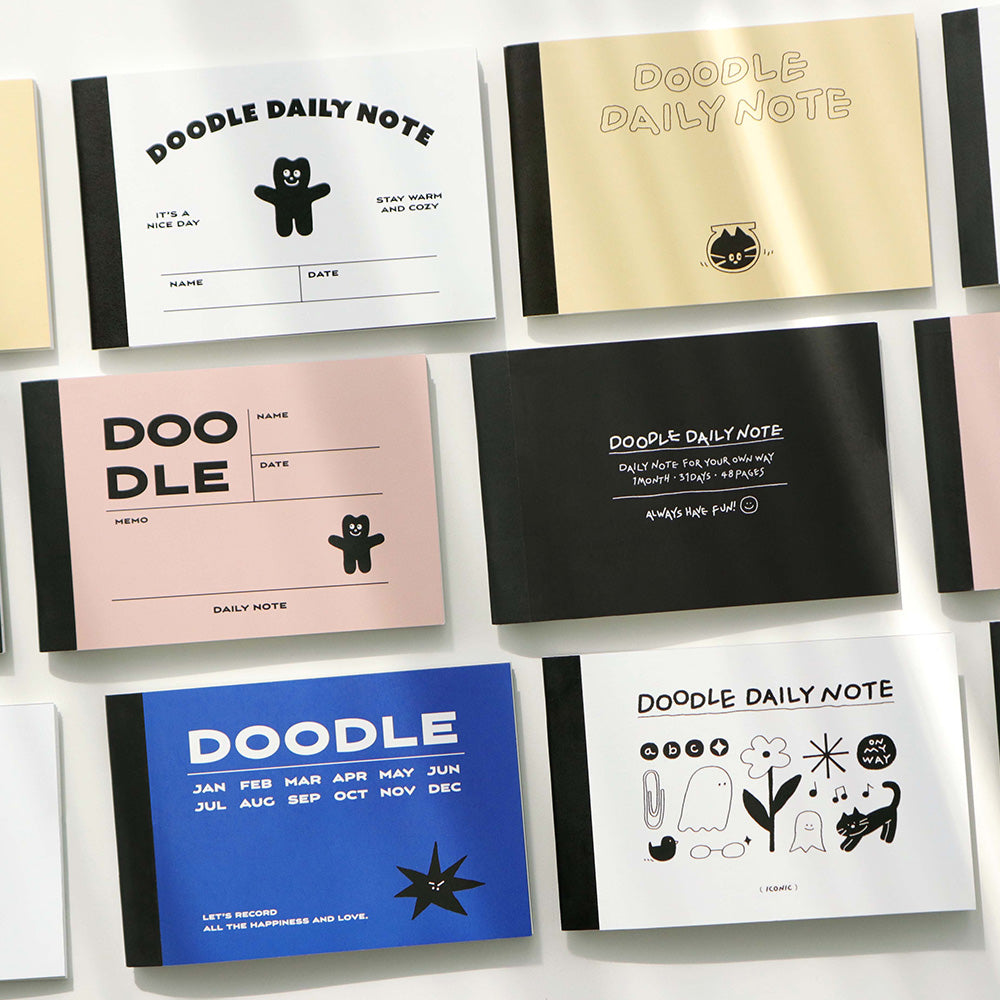 A collage of Iconic Doodle Daily Mini Notebooks in various colors with doodle art covers.