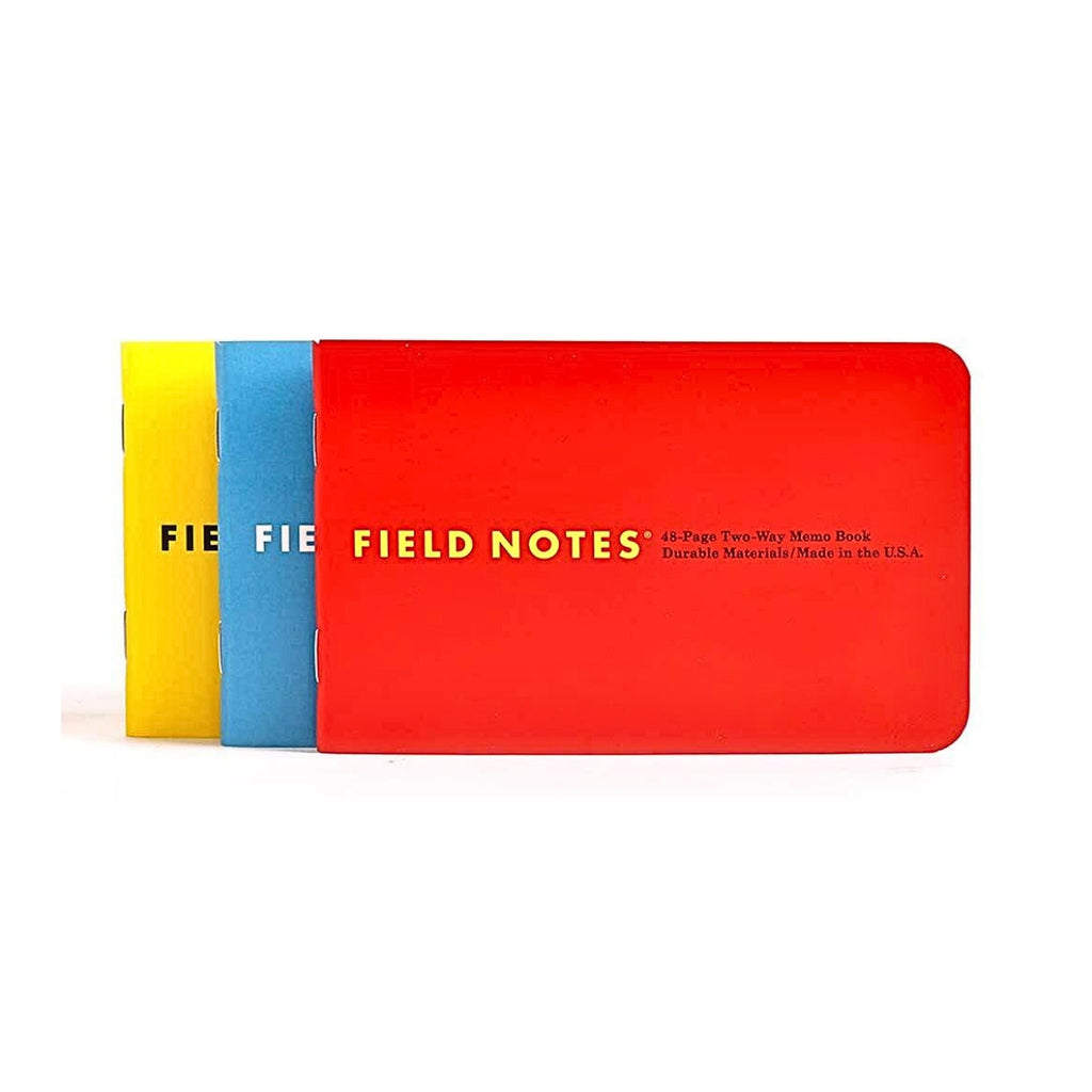 Field Notes Two-Way Memo Book Limited Edition set showing the red, yellow, and blue memo books stacked together.