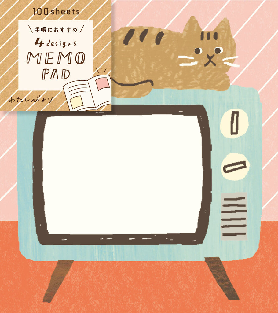 A charming memo pad featuring a vintage TV design with a cat lounging on top.
