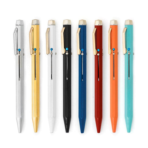Line-up of eight Hightide four-colour pens in a variety of colours including silver, gold, white, black, navy, red, orange, and turquoise.