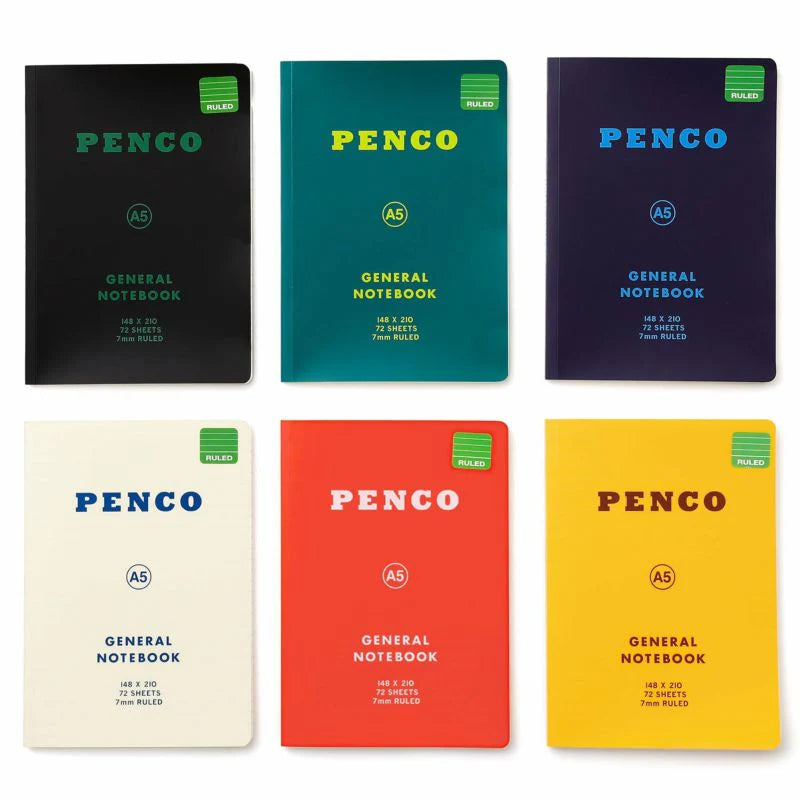 A selection of Hightide Penco Soft PP A5 ruled notebooks in black, green, navy, white, red and yellow covers arranged together.
