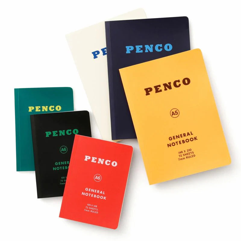 Assorted Hightide Penco Soft PP A6 ruled notebooks in multiple colours displayed in a fan arrangement.