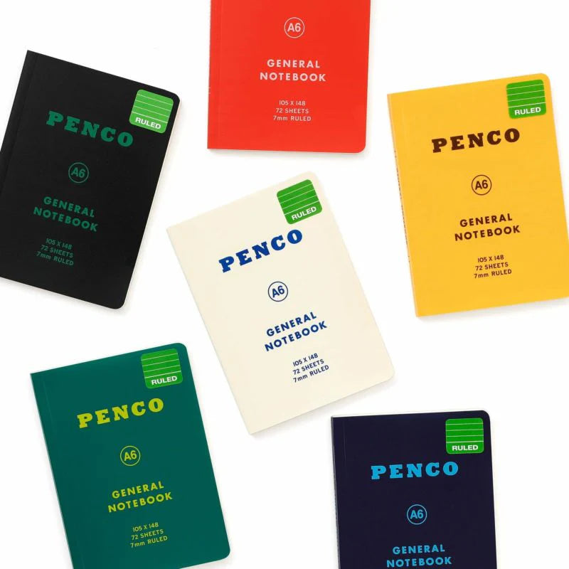 A selection of Hightide Penco Soft PP A6 ruled notebooks in black, yellow, navy, green, white and red covers displayed together.