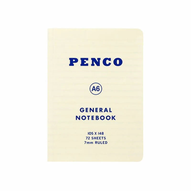 Hightide Penco Soft PP A6 ruled notebook in white cover with blue text displayed upright.