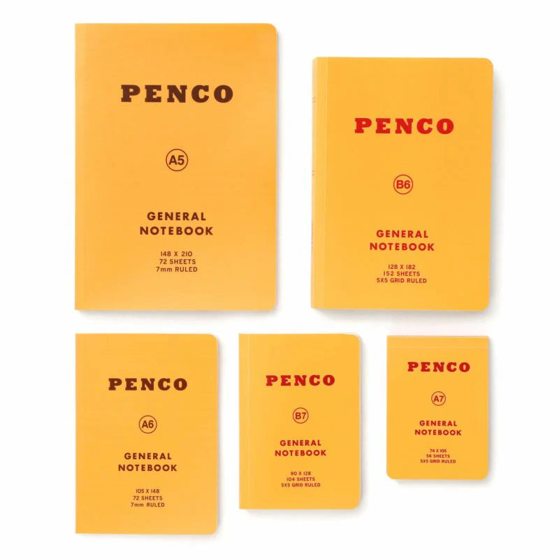 Hightide Penco Soft PP notebooks showing yellow ruled notebook in various sizes.