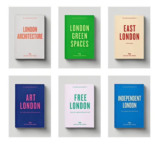 Six Hoxton Mini Press ‘An Opinionated Guide’ London edition books arranged in a grid, showing vibrant covers on architecture, green spaces, East London, art, free London and independent books