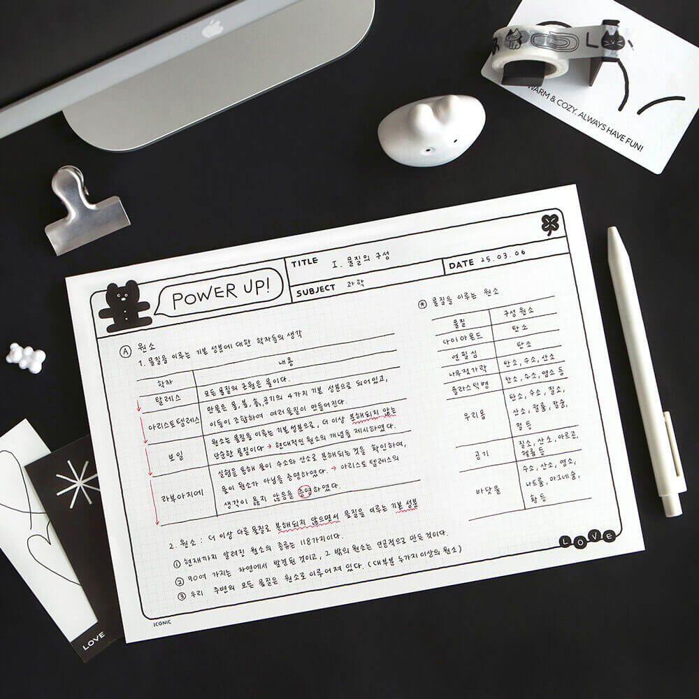 The Journal Shop - Iconic Doodle B5 Grid Notepad black version open with handwriting and study notes on page.