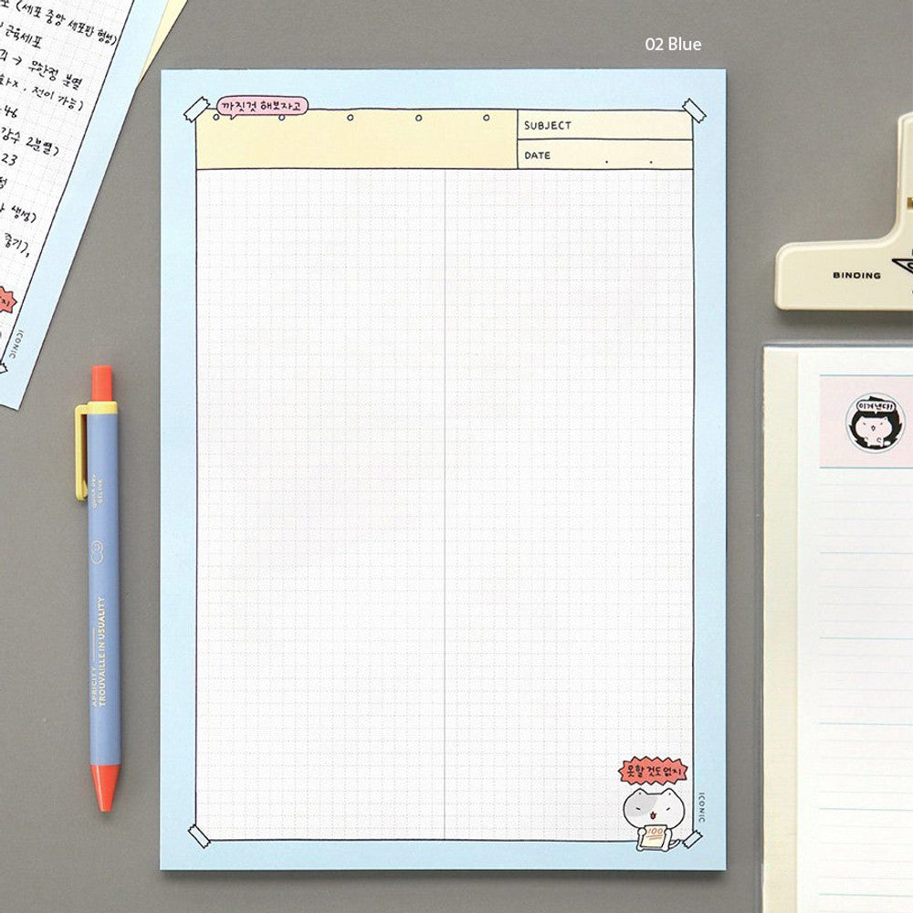 The Journal Shop - Iconic Blah Blah B5 Memo Notepad blue version on desk with neat handwritten notes and pencil.