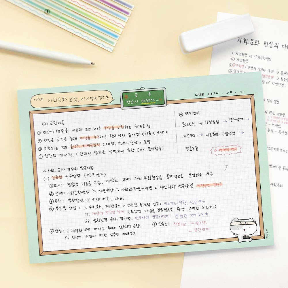 The Journal Shop - Iconic Blah Blah B5 Memo Notepad green version shown flat with study notes and stationery.