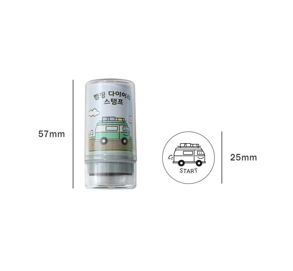 The Journal Shop - Single camping stamp with clear casing and illustrated top, displayed on a plain background.