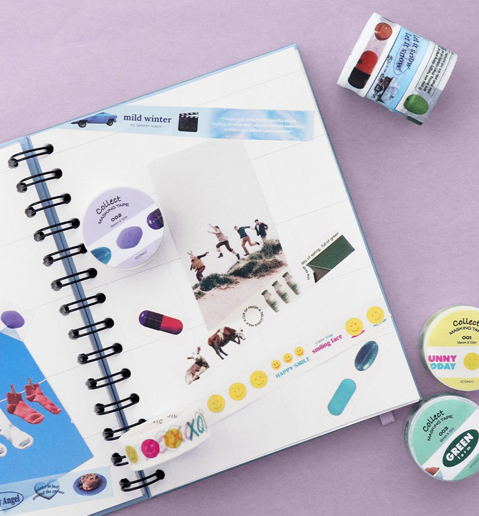 The Journal Shop - Open planner decorated with strips of Iconic Collect Masking Tape in pastel and graphic motifs.