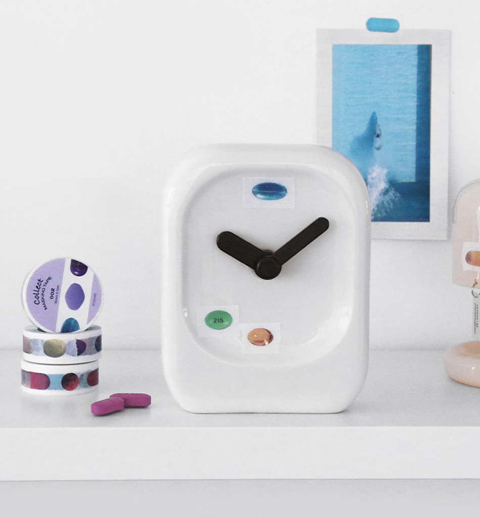 The Journal Shop - Minimalist desk with clock decorated using Iconic Collect Masking Tape.