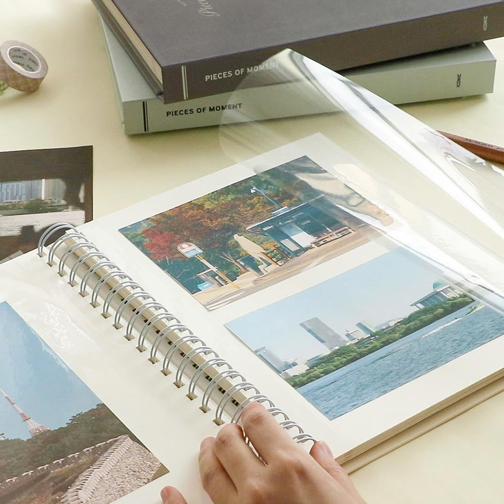 The Journal Shop - Iconic Collect Self-Adhesive Photo Album page being filled with photographs using transparent film cover.